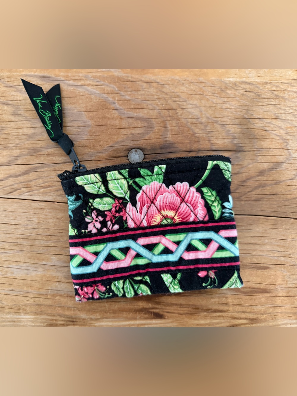 VTG Y2K Vera Bradley Botanica Print Coin Purse Small Wallet Black Floral Quilted